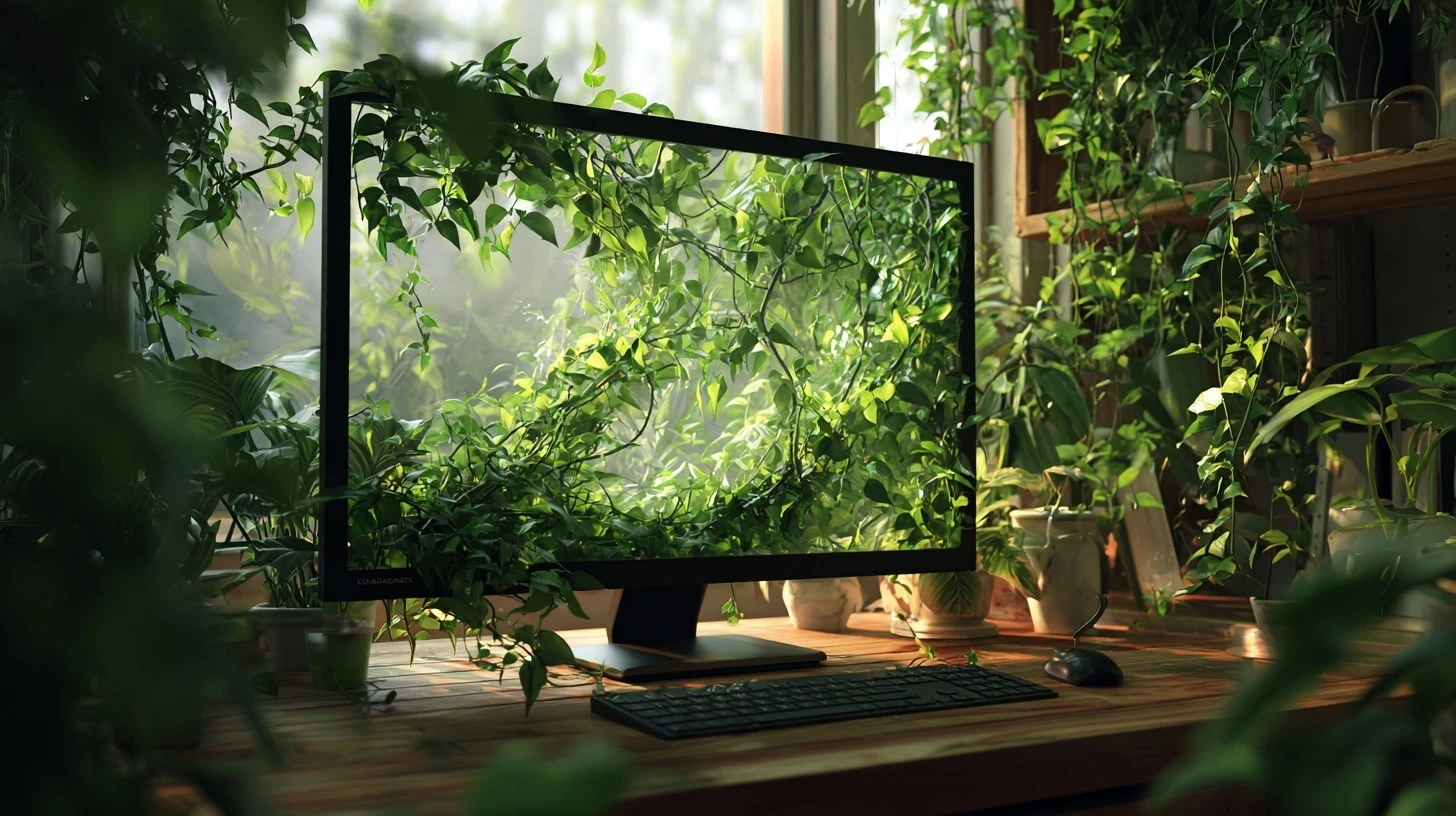Photo symbolique d’un écran d’ordinateur d’où jaillit de la végétation verte, représentant un numérique durable et éthique. L’image illustre l’alliance entre technologie et nature, thème central des moteurs de recherche éthiques et de la sobriété numérique.