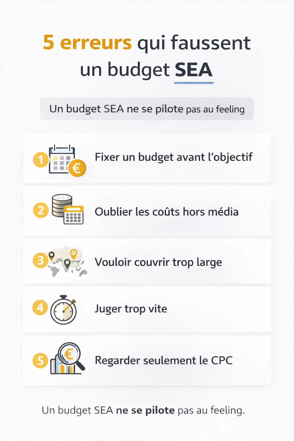 Infographie listant 5 erreurs qui faussent un budget SEA : fixer un budget avant l’objectif, oublier les coûts hors média, vouloir couvrir trop large, juger trop vite et regarder seulement le CPC.