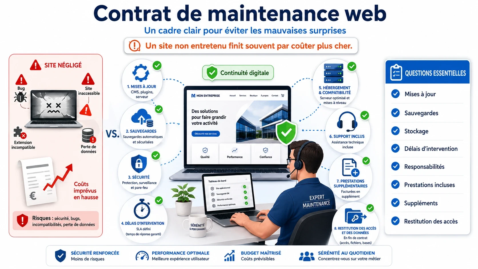 Infographie montrant qu’un contrat de maintenance web permet d’éviter les risques d’un site non entretenu : bugs, failles de sécurité, pertes de données, sauvegardes, mises à jour, délais d’intervention et restitution des accès.