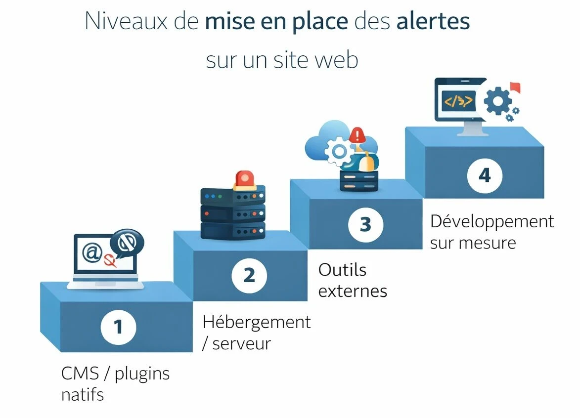 Schéma présentant les quatre niveaux de mise en place des alertes sur un site web, du CMS natif au développement sur mesure.