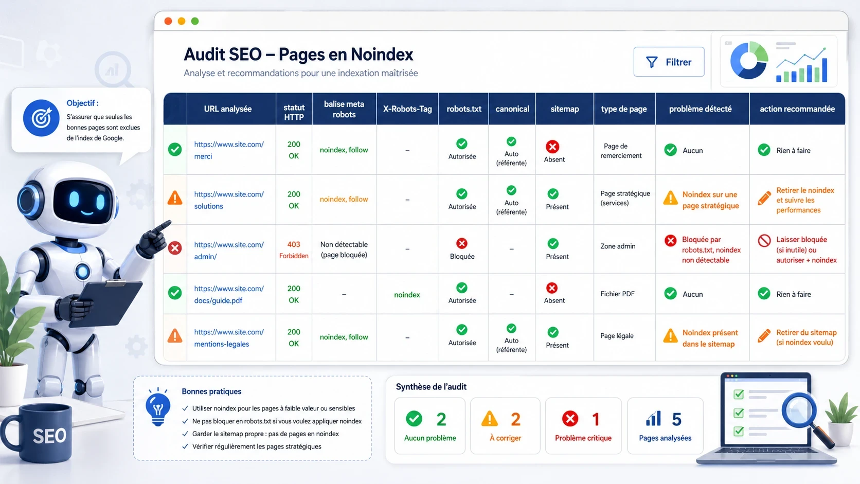 Tableau visuel d’audit SEO des pages en noindex avec statut HTTP, robots.txt, canonical, sitemap et action recommandée.