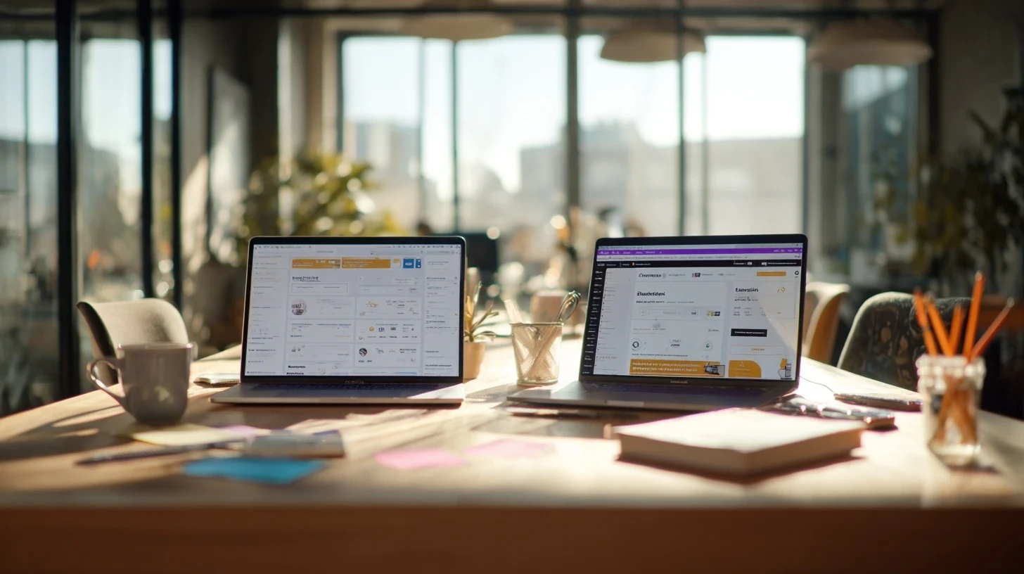 deux ordinateurs montrant les interfaces de shopify et de prestashop