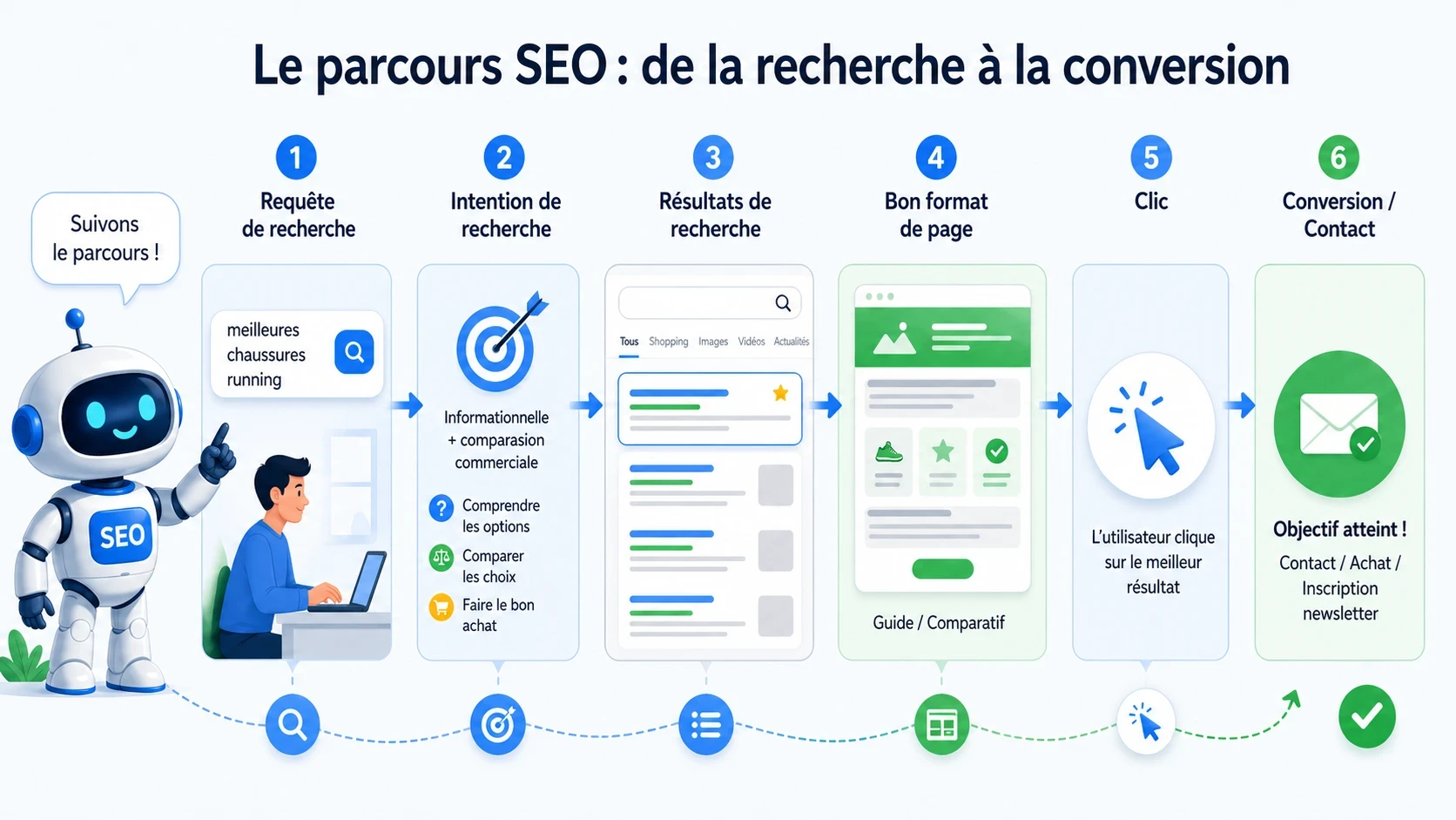 Schéma pédagogique montrant le parcours entre une query, l’intention de recherche, la SERP, le choix d’une page et la conversion.