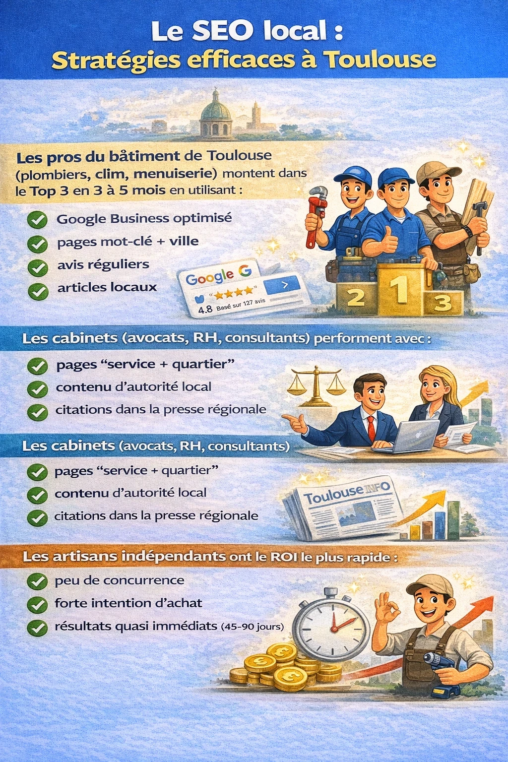 Infographie “SEO local : stratégies efficaces à Toulouse” : trois profils et leurs leviers. 1) Pros du bâtiment (plombiers, clim, menuiserie) : Top 3 en 3 à 5 mois grâce à Google Business optimisé, pages mot-clé+ville, avis réguliers, articles locaux. 2) Cabinets (avocats, RH, consultants) : pages service+quartier, contenu d’autorité local, citations presse régionale. 3) Artisans indépendants : ROI le plus rapide (peu de concurrence, forte intention d’achat, résultats en 45–90 jours).