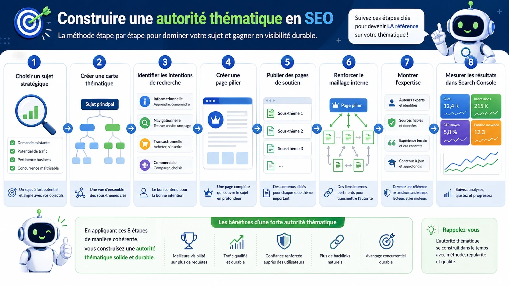 Schéma pédagogique montrant les étapes pour construire une autorité thématique SEO : sujet stratégique, carte thématique, contenus, maillage, expertise et mesure.