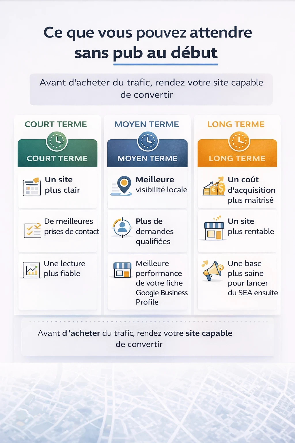Infographie présentant ce qu’une entreprise peut attendre sans lancer de pub au début, à court, moyen et long terme, pour améliorer sa prospection locale.