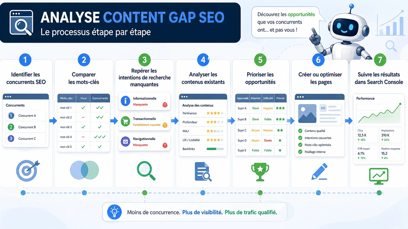 Schéma pédagogique montrant les étapes d’une analyse Content Gap SEO : concurrents, requêtes, intentions, contenus manquants, priorisation et suivi.