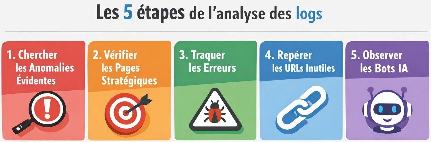 Infographie paysage des 5 étapes de l’analyse des logs SEO, des anomalies aux bots IA.