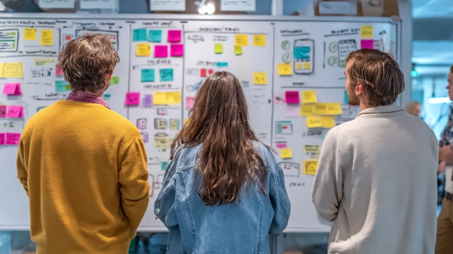 personne devant une stratégie digitale avec des post it sur un tableau