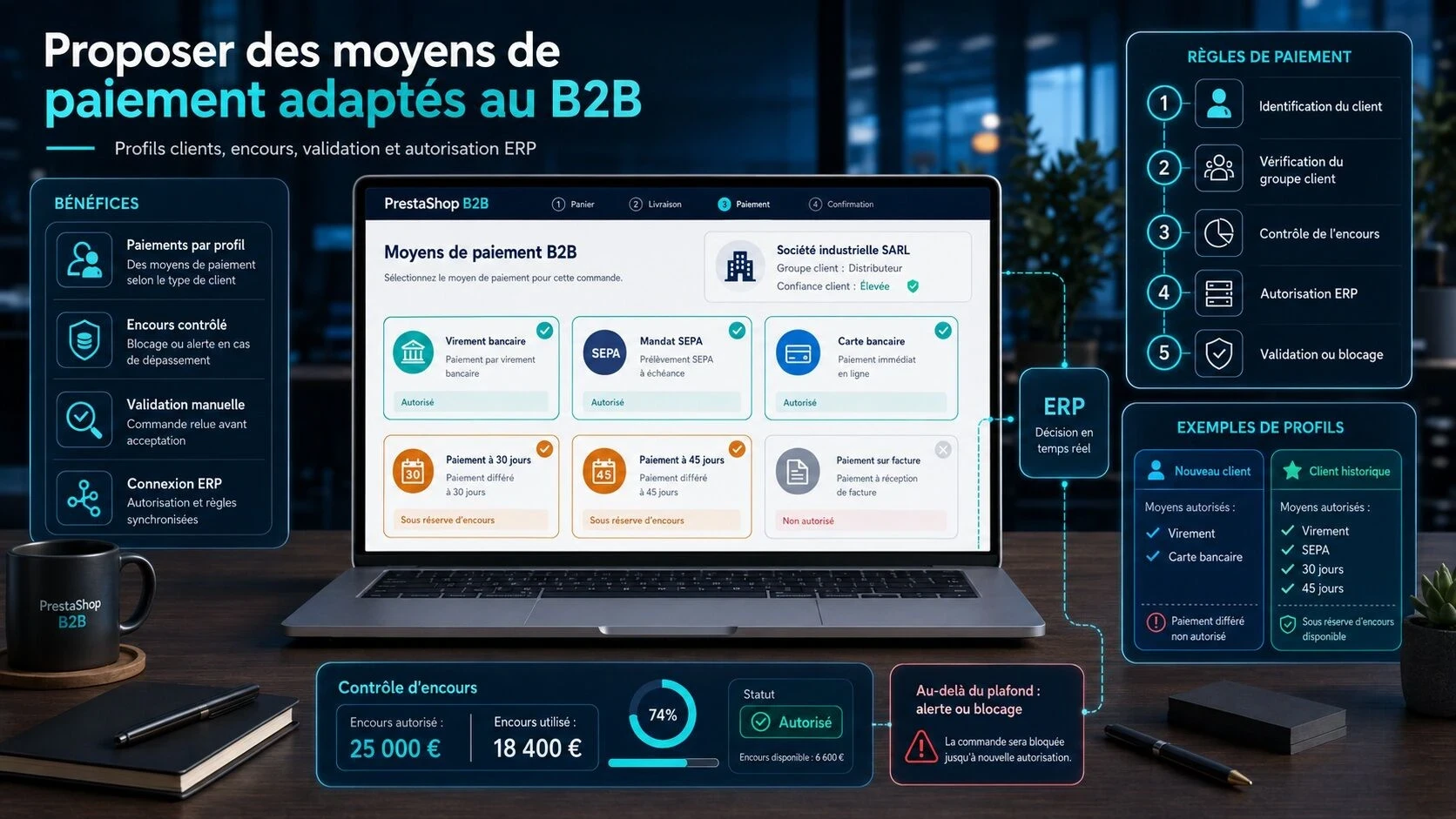 Illustration d’une interface PrestaShop B2B présentant des moyens de paiement selon le profil client, avec virement, SEPA, carte bancaire, paiement différé, contrôle d’encours et validation via ERP.