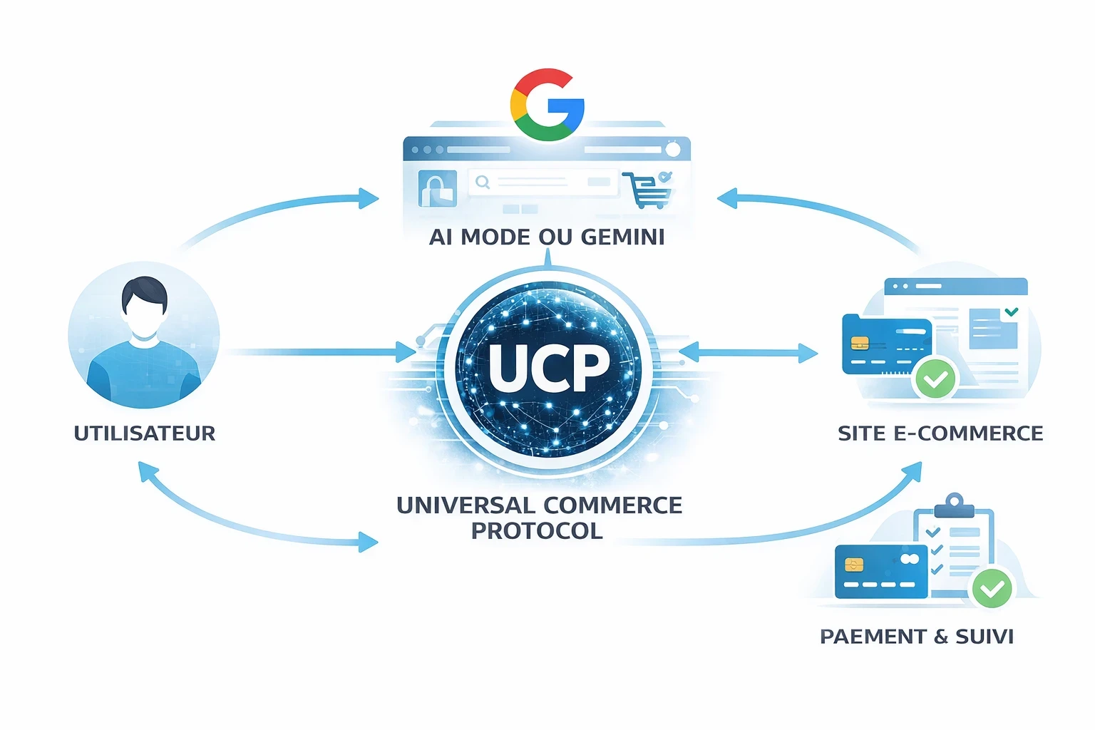Infographie paysage montrant comment UCP relie un utilisateur, Google AI Mode ou Gemini, un site e-commerce, le paiement et le suivi de commande dans un parcours de commerce agentique.