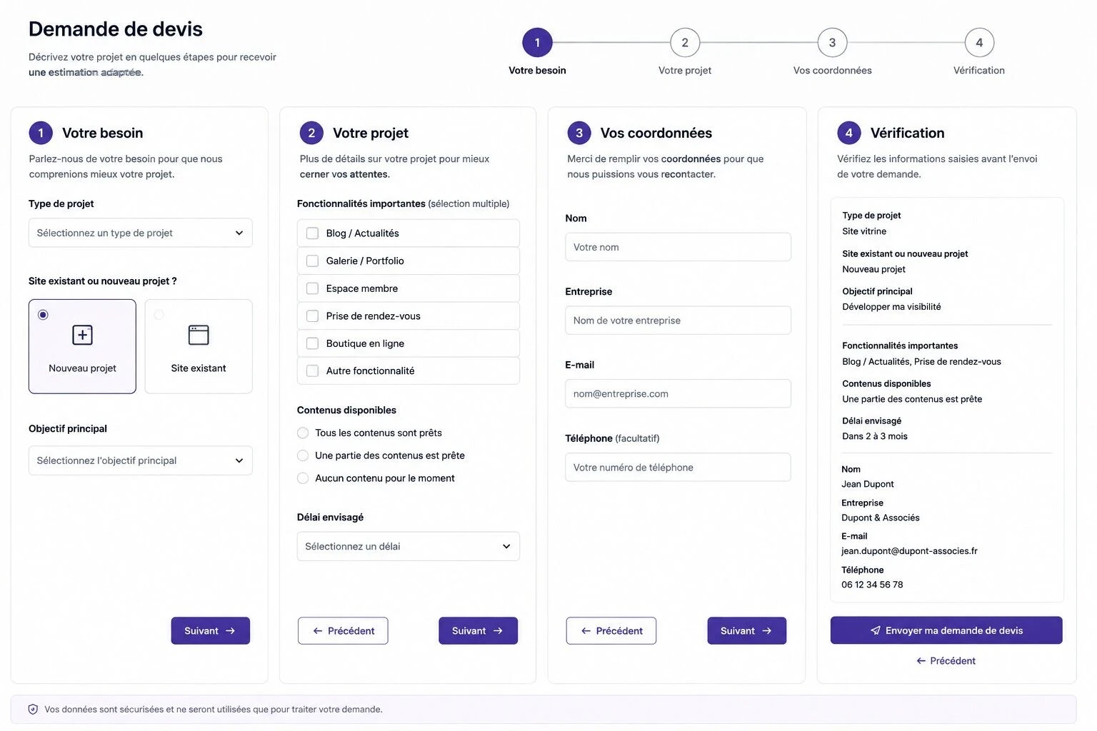 Exemple de formulaire de demande de devis en quatre étapes : définition du besoin, informations sur le projet, coordonnées du client et vérification avant envoi.