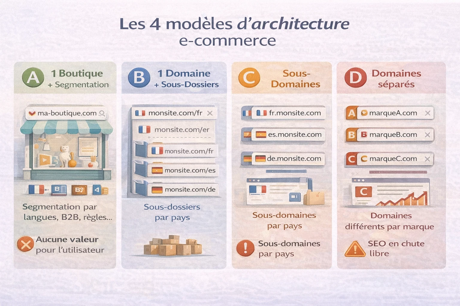 Infographie présentant les 4 modèles d’architecture e-commerce : boutique unique avec segmentation, sous-dossiers par pays, sous-domaines et domaines séparés, avec leurs impacts SEO et organisationnels.