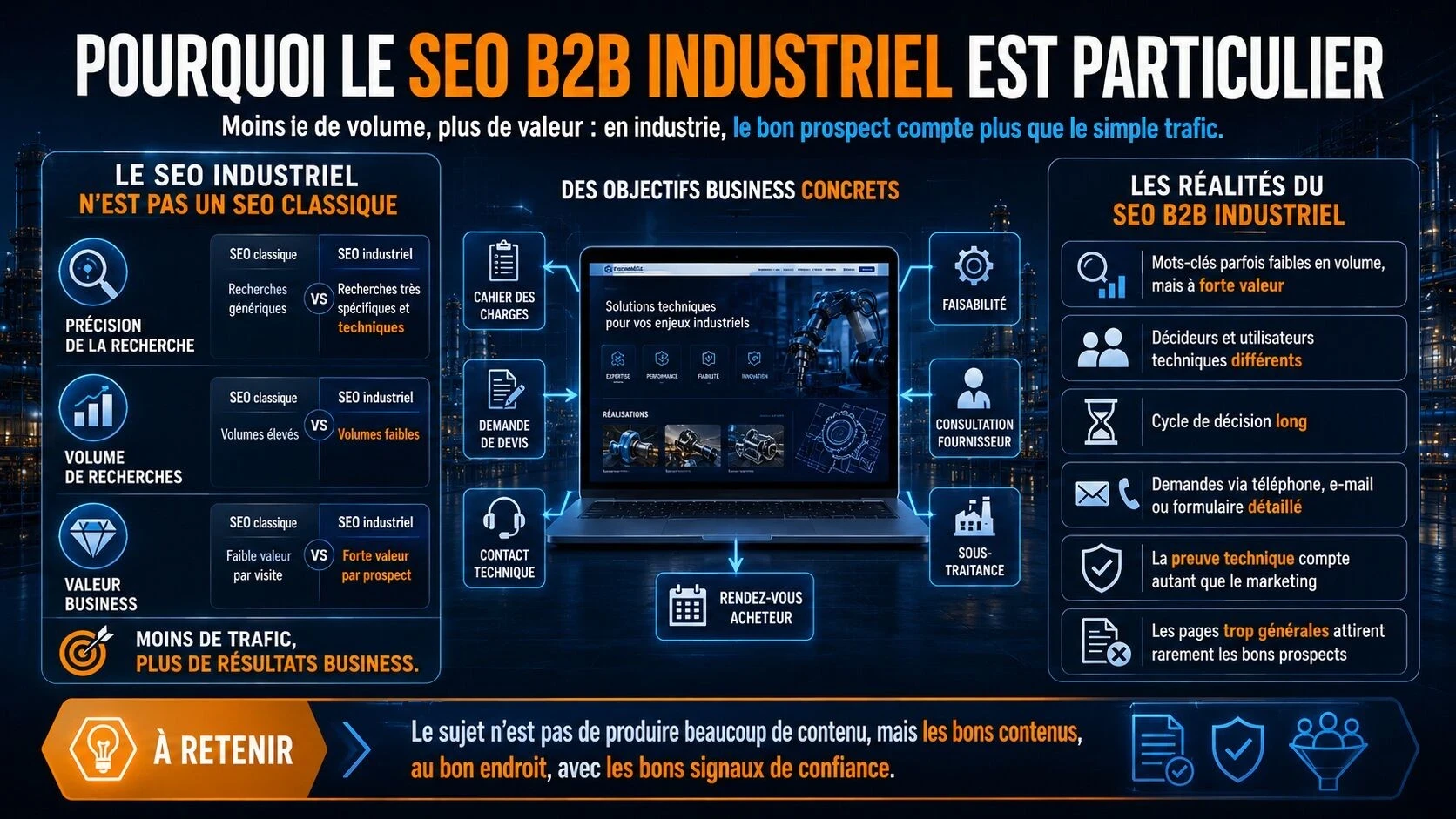 Pourquoi le SEO B2B industriel repose sur des recherches précises, des leads qualifiés et des preuves techniques plutôt que sur le volume de trafic