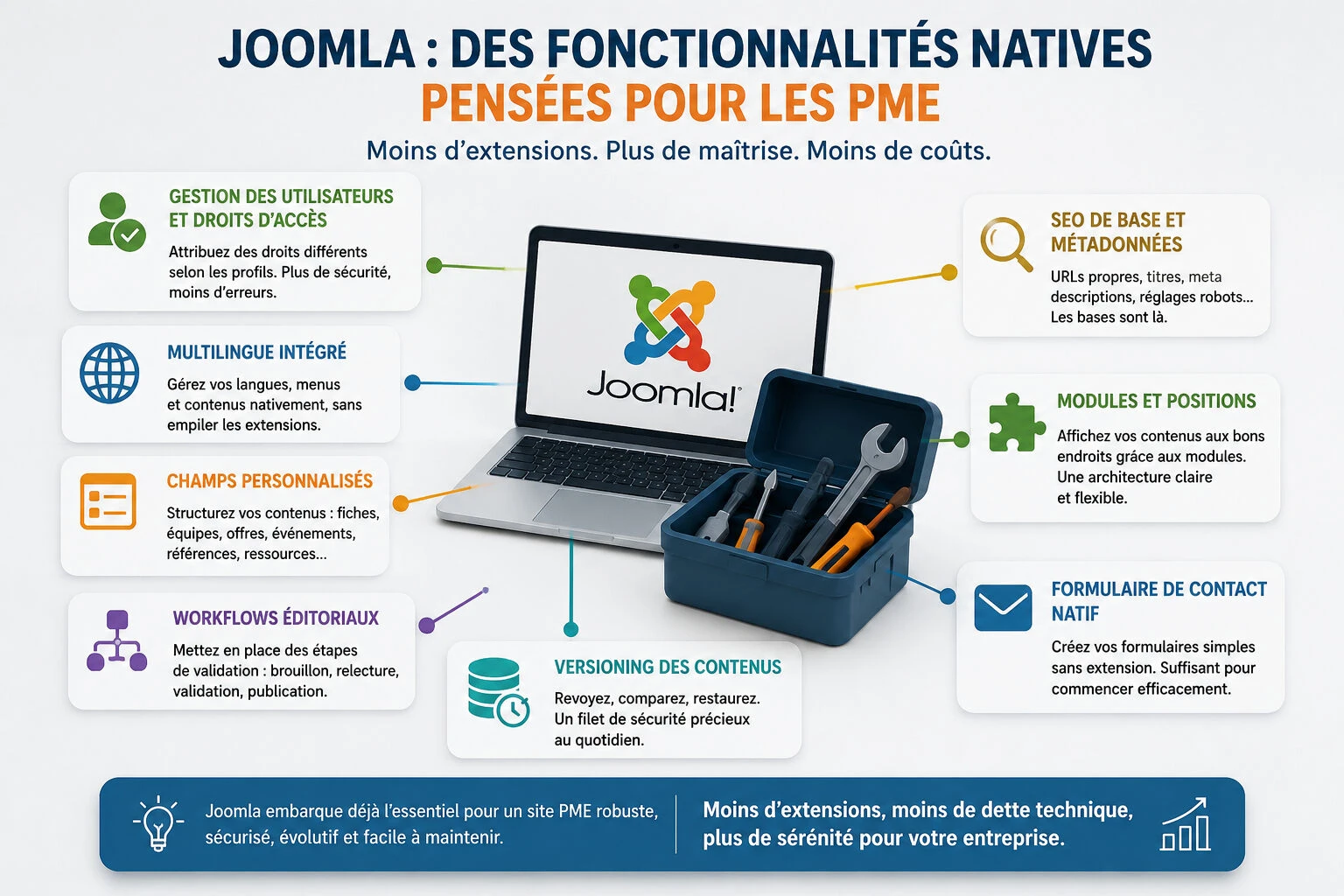 Fonctionnalités natives de Joomla pour PME : droits utilisateurs, multilingue, champs personnalisés, workflows, SEO et modules"