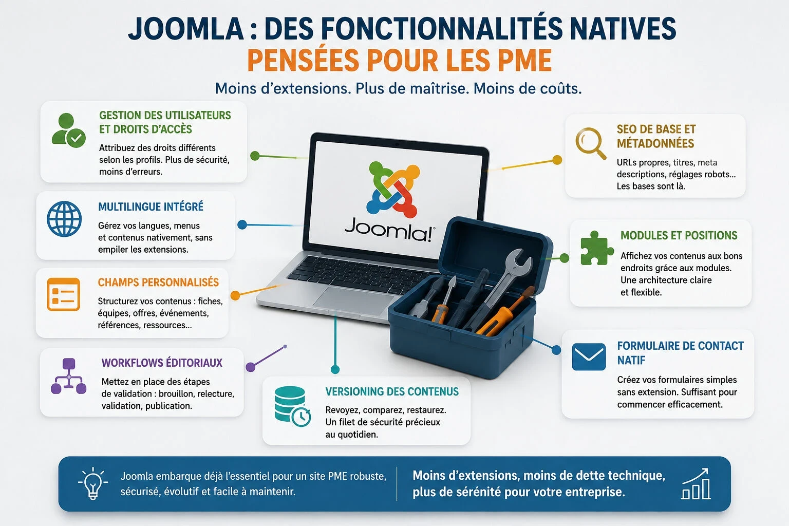 Fonctionnalités natives de Joomla pour PME : droits utilisateurs, multilingue, champs personnalisés, workflows, SEO et modules"