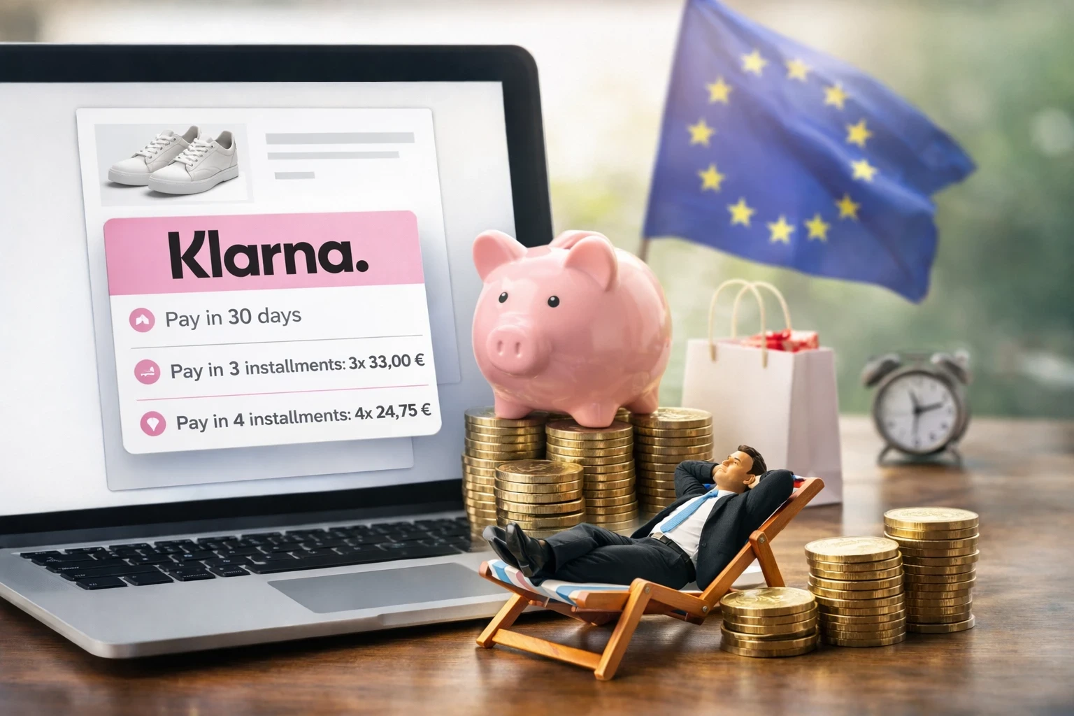 Paiement “Pay Later” Klarna sur une page de checkout (30 jours ou plusieurs fois), avec codes visuels Europe et panier moyen, pour illustrer une expérience client fluide malgré une intégration Joomla indirecte.