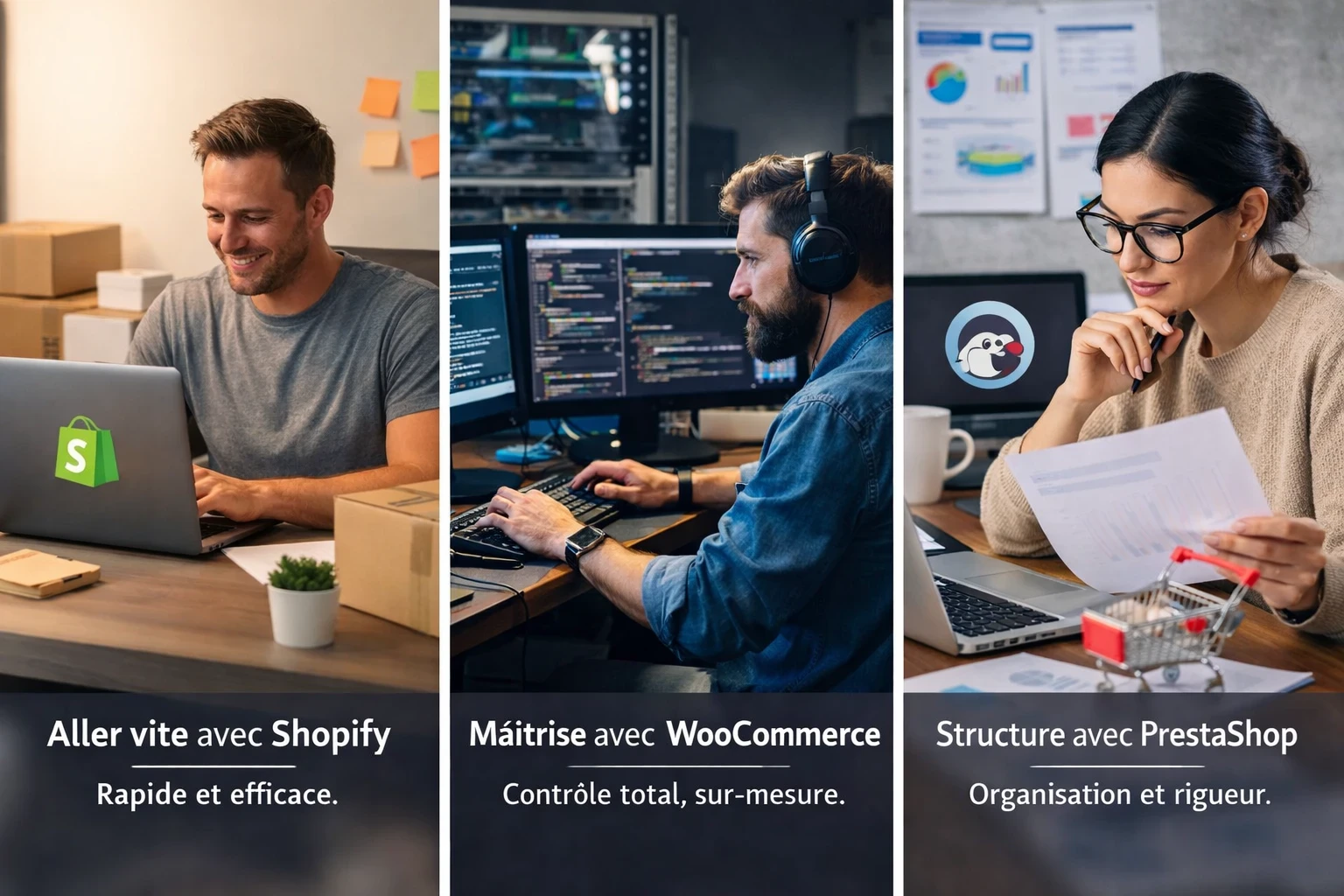 Aller vite avec Shopify, maîtrise avec WooCommerce, structure avec PrestaShop : trois scènes photo montrant un e-commerçant souriant devant son ordinateur, un développeur en train de coder, et une responsable e-commerce analysant des documents de suivi.