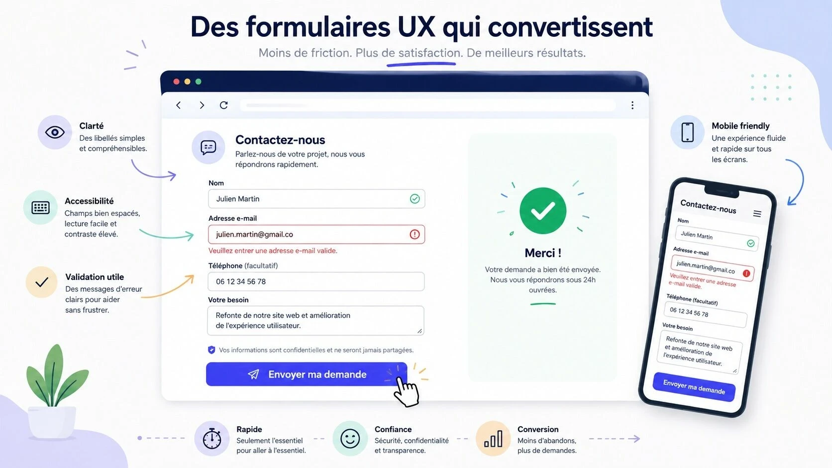 Illustration d’un formulaire web optimisé pour l’UX, avec champs clairs, validation des erreurs, informations facultatives, confirmation d’envoi et adaptation mobile.