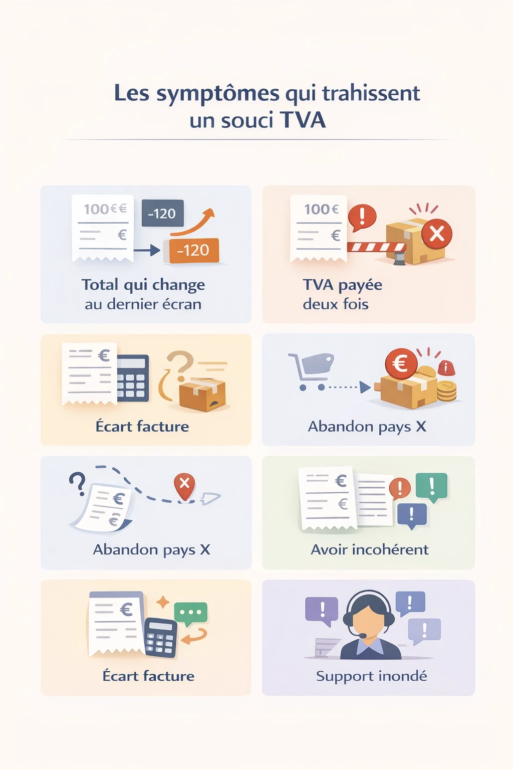 Grille de 8 vignettes illustrant les symptômes d’un problème de TVA e-commerce, total qui change au dernier écran, TVA payée deux fois, colis bloqué, frais surprise, écart facture, abandon pays X, avoir incohérent, support inondé.