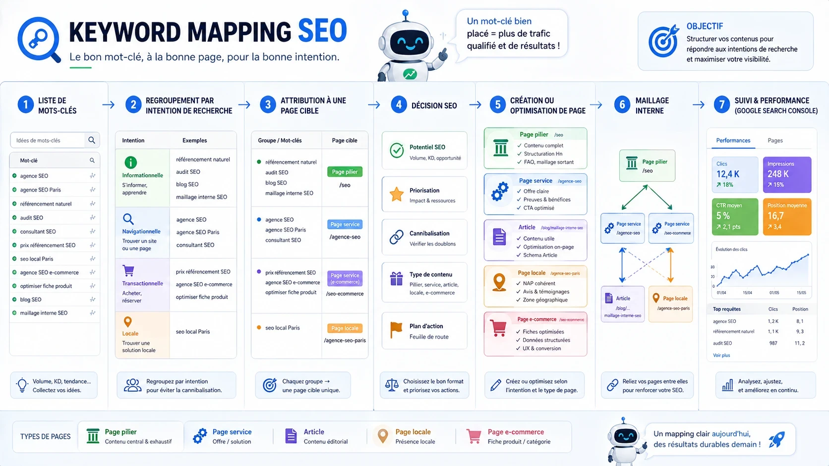 Schéma pédagogique montrant les étapes du Keyword Mapping : mots-clés, intentions, pages cibles, actions SEO, maillage interne et suivi.