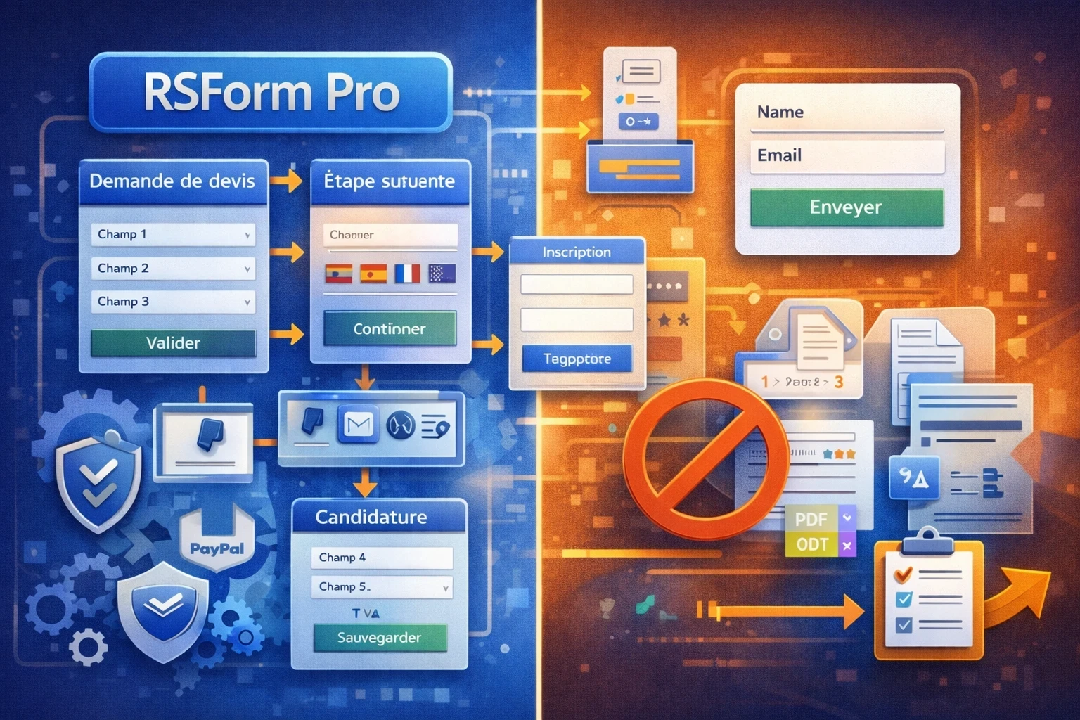 Infographie Joomla montrant RSForm Pro comme solution structurée pour devis, formulaires multipages, validations avancées et exports exploitables