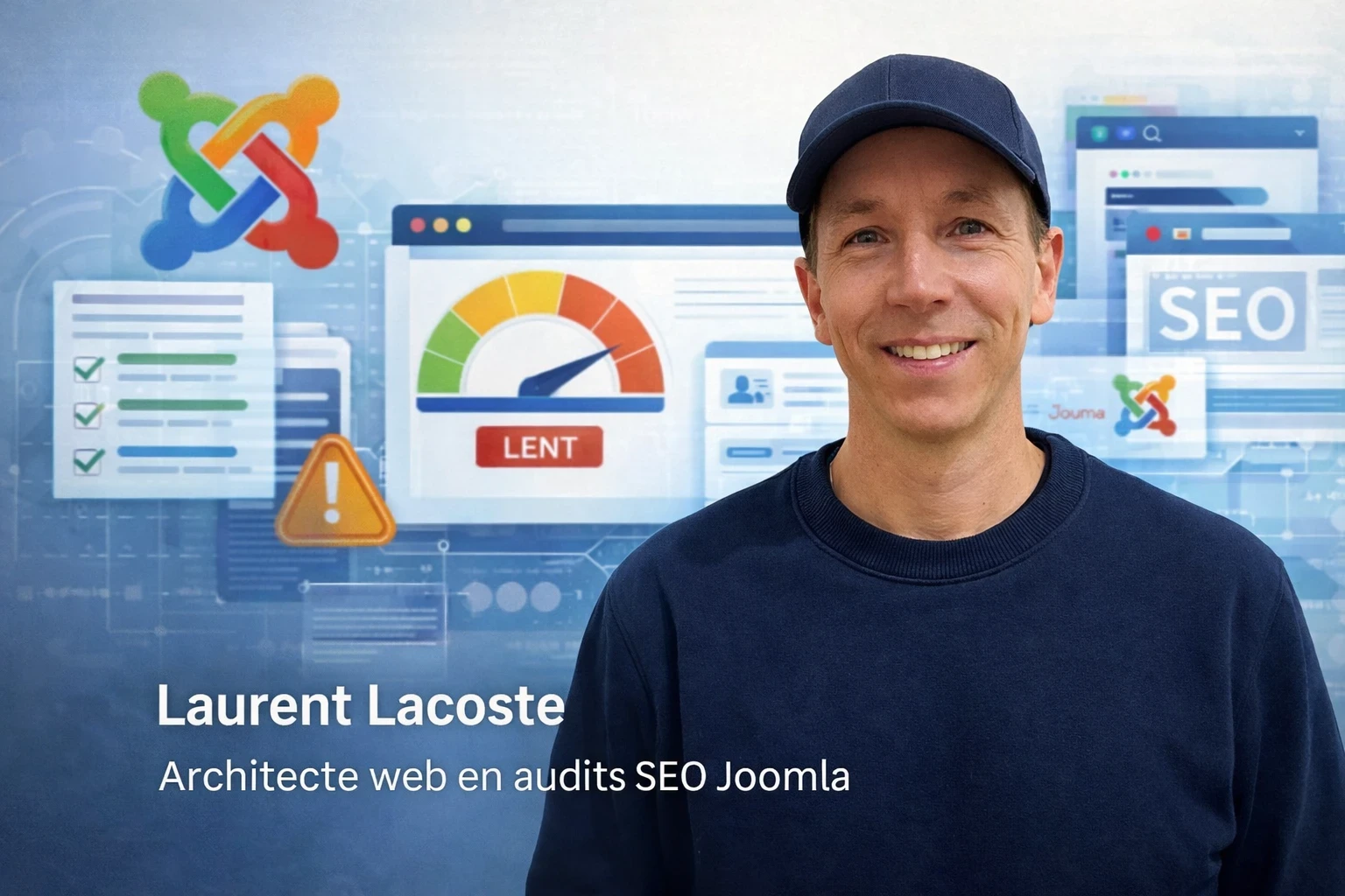 Portrait paysage de Laurent Lacoste, architecte web chez TooNetCreation, présenté sur un fond illustrant un audit SEO et performance sur Joomla