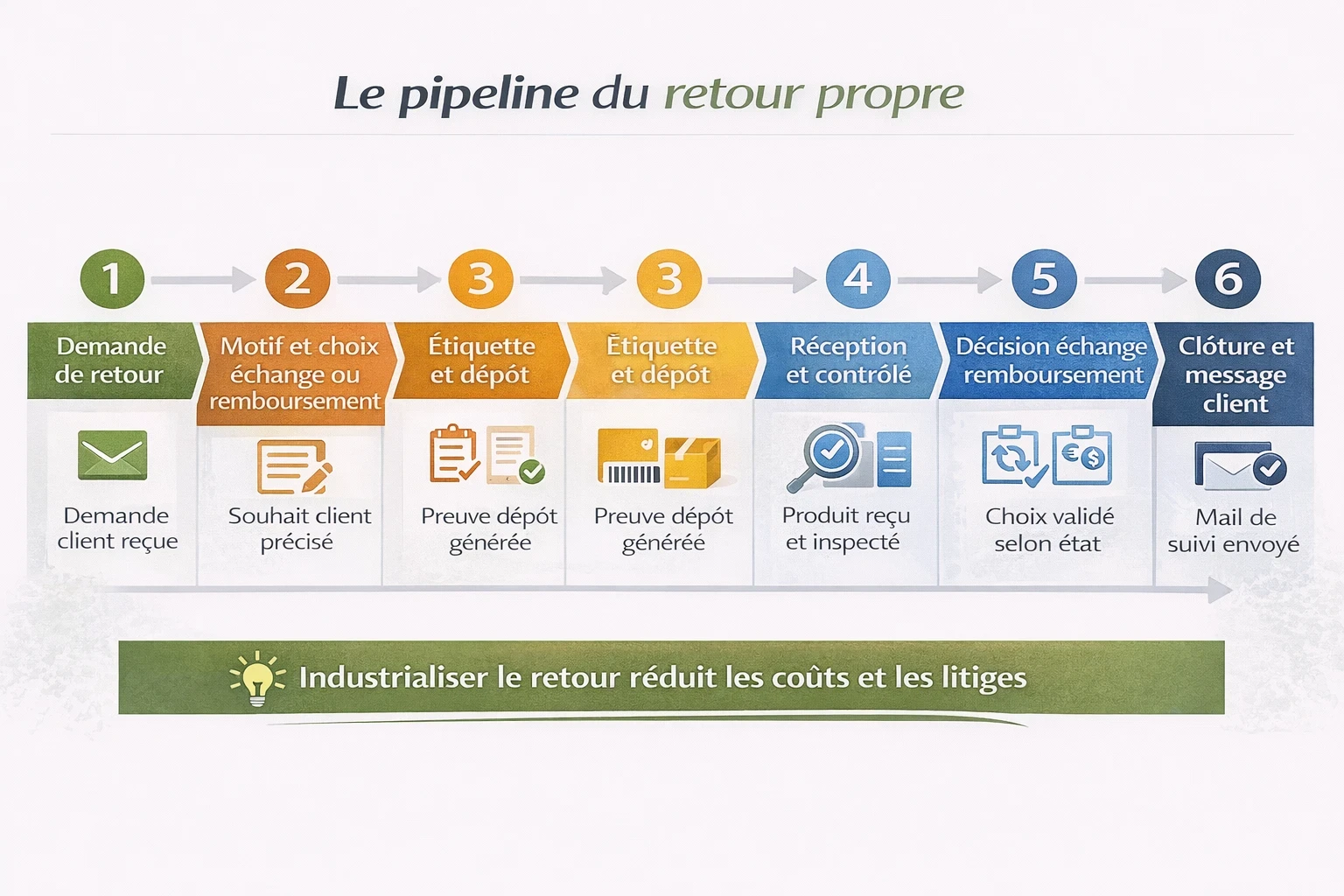Process en six étapes pour traiter un retour e-commerce avec contrôle et communication client.
