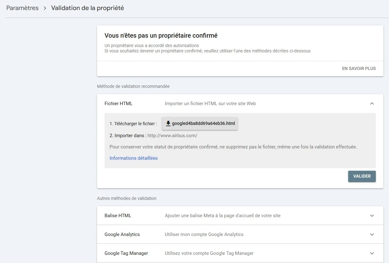 exemple de page google search console pour selectionner comment installer le tag d'identification de la google search console