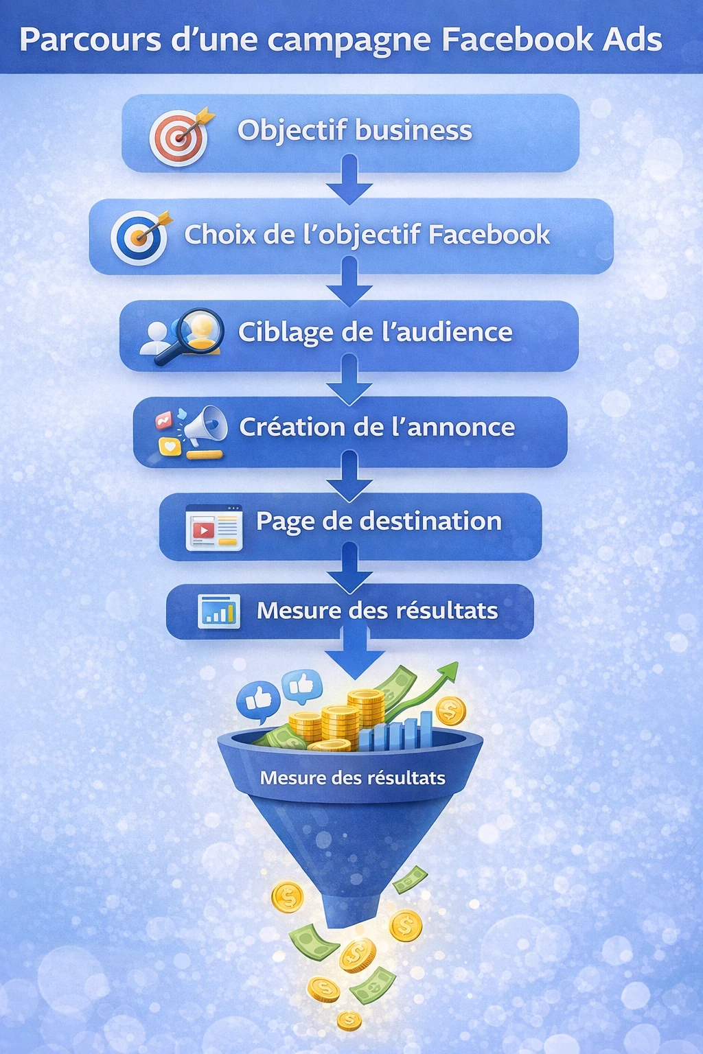 Infographie expliquant les étapes clés d’une campagne Facebook Ads, depuis la définition de l’objectif business jusqu’à la mesure des résultats, en passant par le choix de l’objectif publicitaire, le ciblage de l’audience, la création de l’annonce et la page de destination.