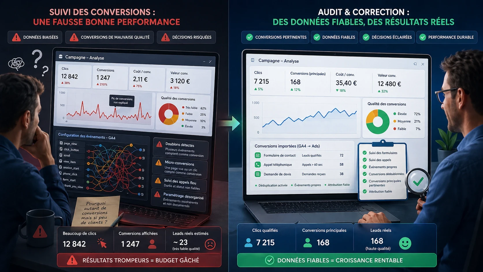 Comparaison entre un suivi de conversions mal configuré et un audit Google Ads corrigé, montrant comment des données fiables dans GA4 et Google Ads permettent d’identifier les vrais contacts qualifiés