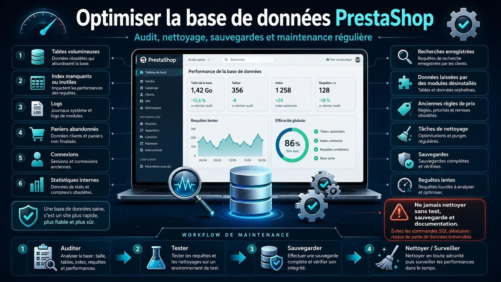 Infographie sur l’optimisation de la base de données PrestaShop, montrant les éléments à auditer comme les tables volumineuses, index, logs, paniers abandonnés, sauvegardes et requêtes lentes, ainsi qu’un workflow de maintenance avec audit, test, sauvegarde et nettoyage.