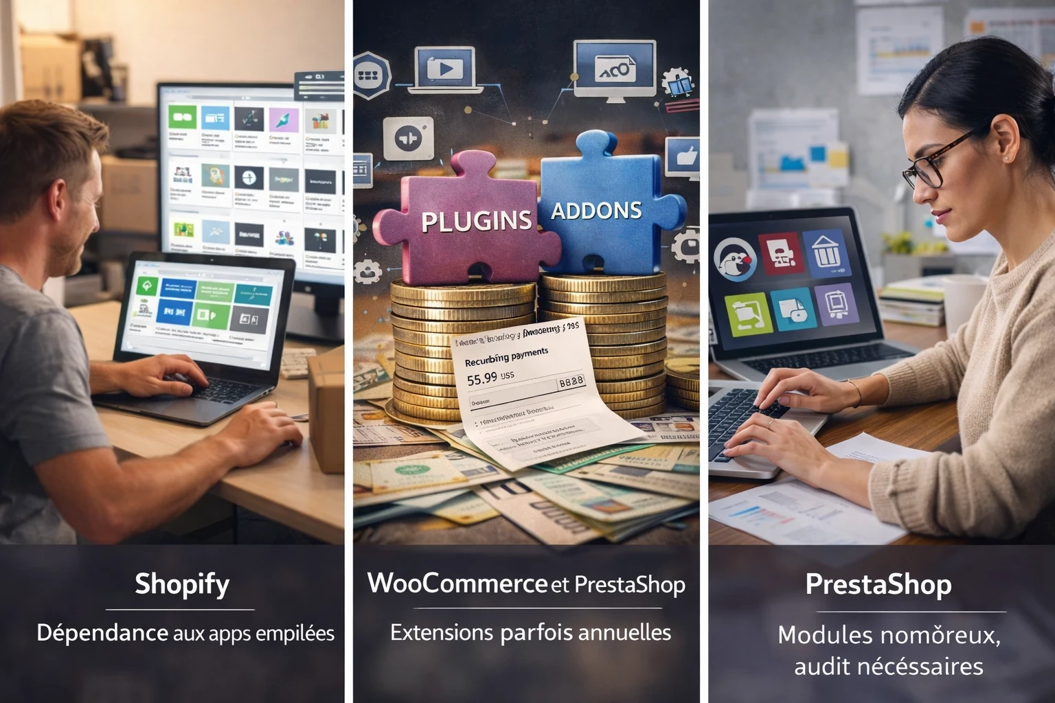 Triptyque photo sur le coût des apps et modules e-commerce : à gauche un marchand qui ajoute des applications sur Shopify, au centre des piles de pièces avec des pièces de puzzle “plugins” et “addons” et un reçu symbolisant des paiements récurrents pour WooCommerce, à droite une responsable e-commerce sur PrestaShop devant des icônes de modules illustrant la nécessité d’auditer la qualité et la compatibilité dans le temps.
