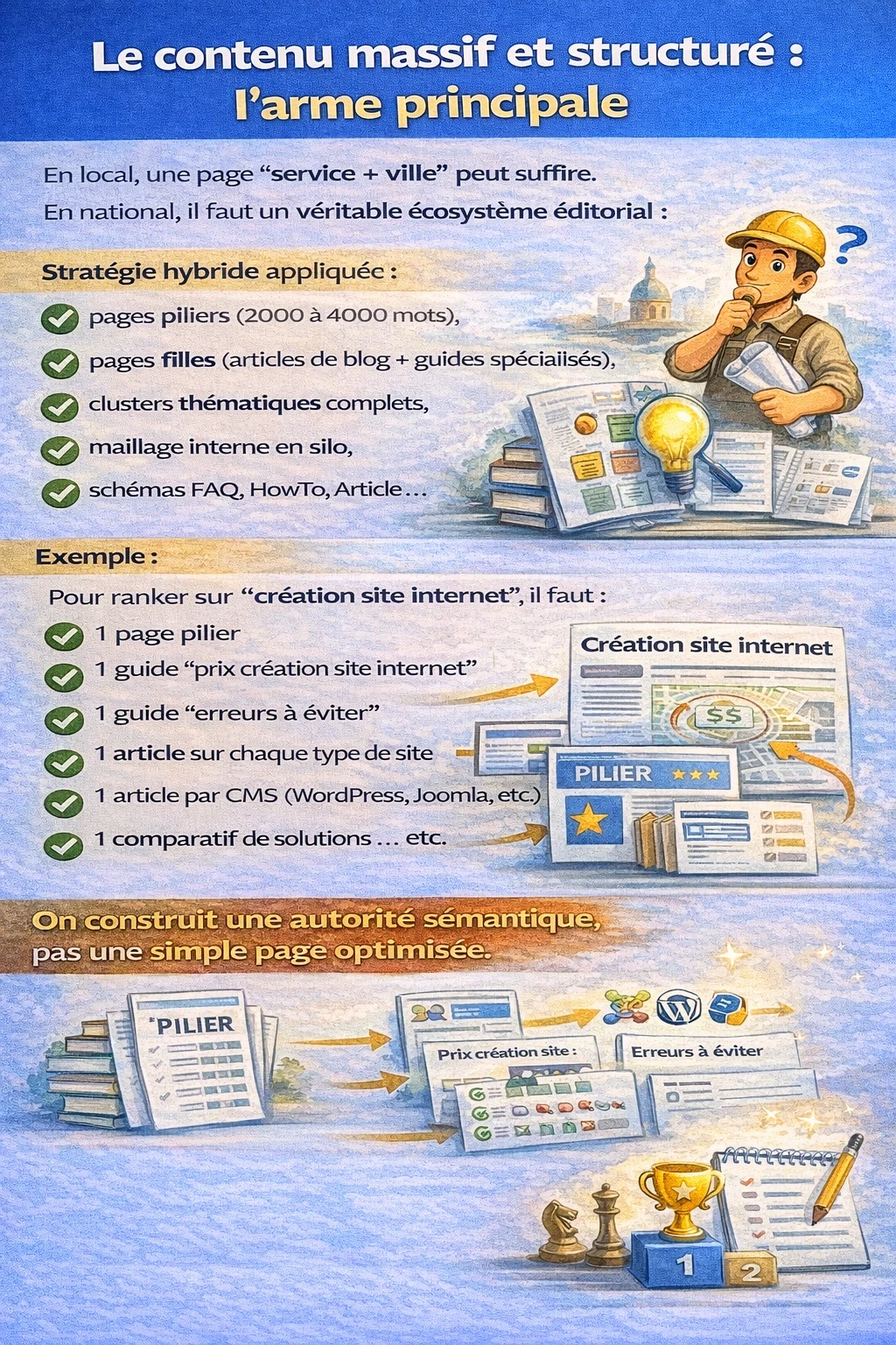 Infographie “Le contenu massif et structuré : l’arme principale” : comparaison local vs national. En local, une page “service + ville” peut suffire ; en national, il faut un écosystème éditorial (pages piliers 2000–4000 mots, pages filles, clusters thématiques, maillage interne en silo, schémas FAQ/HowTo/Article). Exemple pour “création site internet” : 1 page pilier + guides (prix, erreurs) + articles par type de site, par CMS (WordPress, Joomla…), comparatifs. Message final : on construit une autorité sémantique, pas une simple page optimisée.