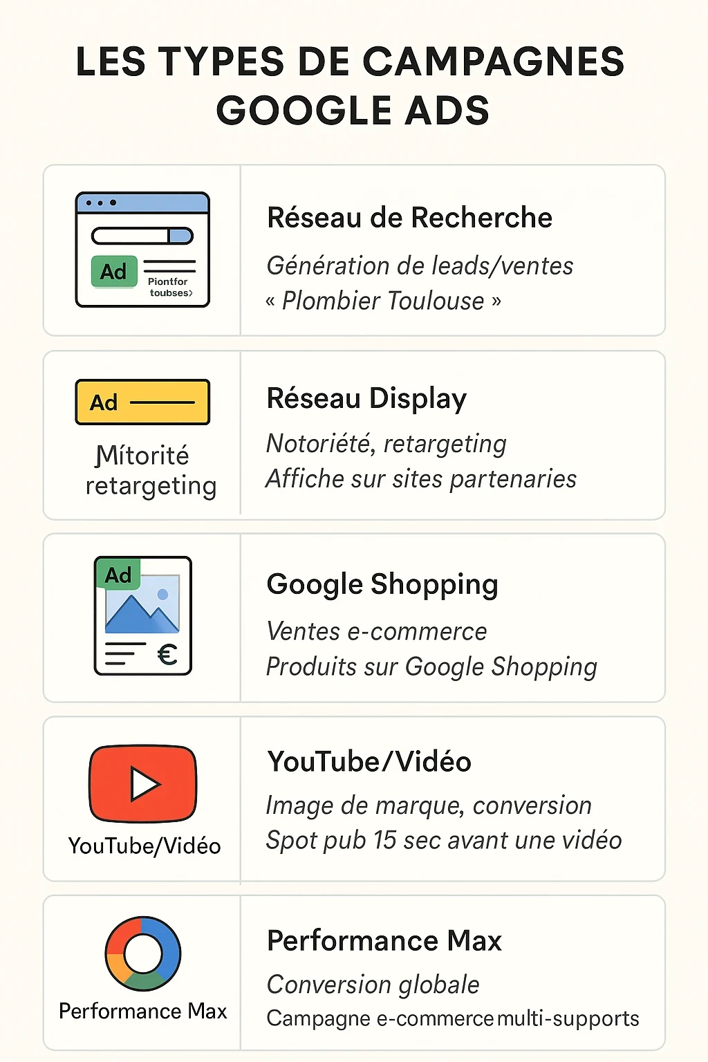 les quatre types de campagnes google ads